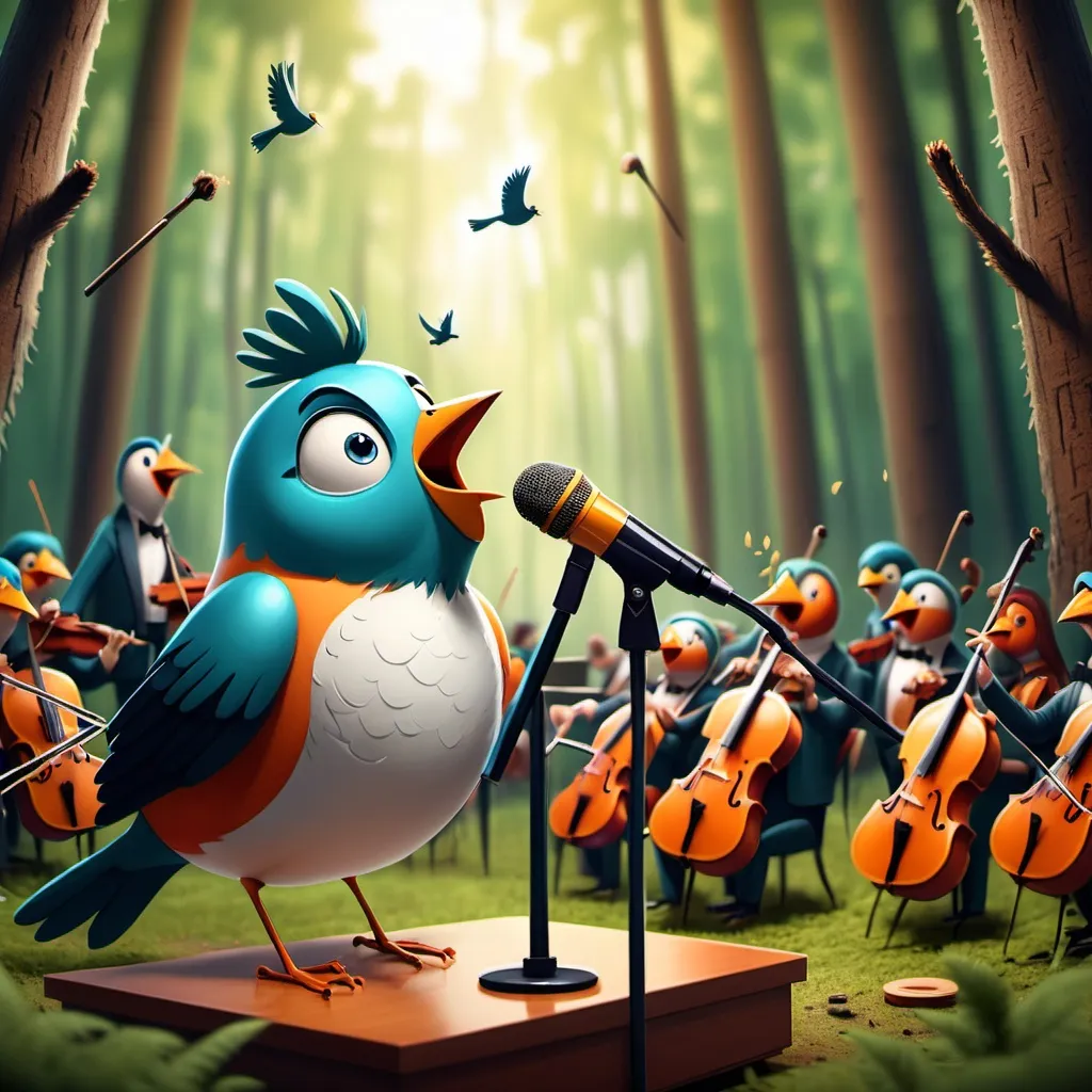 Prompt: A bird singing on the mic and leading an orchestra in the forest.