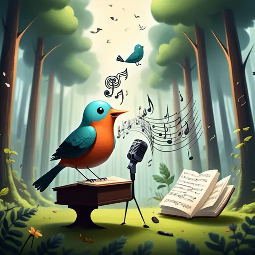 Prompt: A bird singing on the mic and leading an orchestra in the forest while reading notes from a cloud.