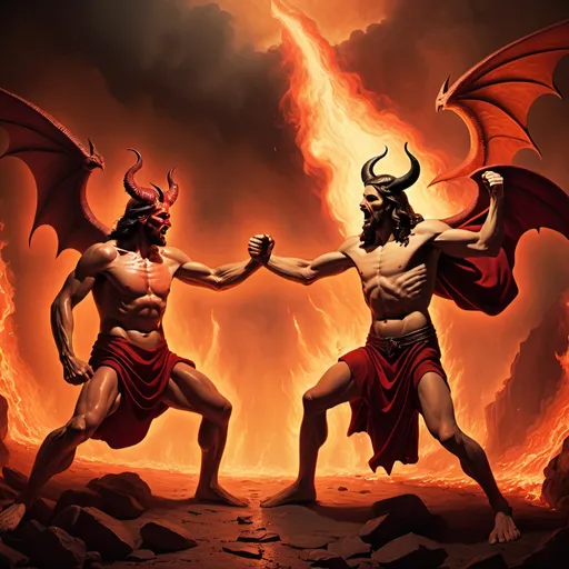 Prompt: Satan and Jesus fighting in Hell in high quality.