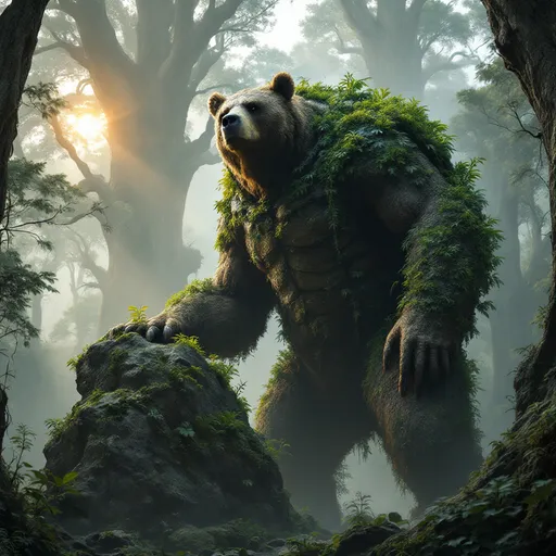 Prompt: Dans une forêt ancestrale baignée de mystère, une créature imposante veille en silence. Cet ours colossal arbore sur son dos une carapace de tortue, recouverte de mousse, de lierre et de lichen, comme une extension vivante de la nature elle-même. Près d’un amas rocheux, il se redresse partiellement, s’appuyant d’une patte avant sur la pierre. Son corps puissant inspire le respect, mais son regard fatigué trahit une lassitude infinie, témoin des âges qu’il a traversés.

Autour de lui, un sous-bois millénaire déploie sa majesté. De gigantesques troncs d’arbres s’élèvent hors de vue, marqués par le temps et habillés de mousses et de lichens. L’air est empli du parfum de la terre humide et du murmure des feuilles. Un rayon de soleil perce la canopée, illuminant la créature et accentuant son aura mystique.

Gardien silencieux de ce monde oublié, il incarne la force brute et la sagesse du temps, un témoin immuable du cycle de la nature.
