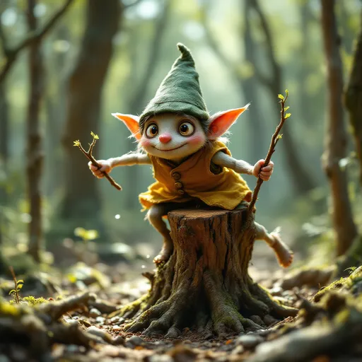 Prompt: Au cœur d’un bois clairsemé, un petit être espiègle fend l’air avec enthousiasme. Racinet, lutin malicieux au chapeau pointu vert sombre, chevauche une souche vivante, arrachée à la terre mais animée d’une étrange vitalité. Son couvre-chef fatigué, usé par le temps, se termine en une spirale arrondie, oscillant au rythme de sa course effrénée.

Son corps trapu contraste avec ses membres minces et effilés, qui s’agitent avec vivacité alors qu’il manie deux jeunes branches surgissant du tronc coupé, telles des manettes de contrôle. Sous ses ordres, la vieille souche bondit et avance sur un enchevêtrement de racines devenues pattes, soulevant des éclats de terre et projetant des touffes d’herbe à chaque foulée.

Vêtu d’un gilet jaune moutarde élimé, orné de trois gros boutons en bois, Racinet affiche un sourire malicieux. Son nez pointu plonge vers le sol tandis que son regard brille d’excitation. Il se délecte de cette chevauchée sauvage, filant à toute allure vers un sentier sinueux qui se dessine en contrebas.

Dans l’éclat doré du sous-bois, entre ombres et rayons de lumière filtrant à travers les frondaisons, Racinet et sa monture semblent insaisissables, tourbillonnant avec l’insouciance et la magie propre aux créatures de la forêt.
Aspect réaliste, mystique, fantastique