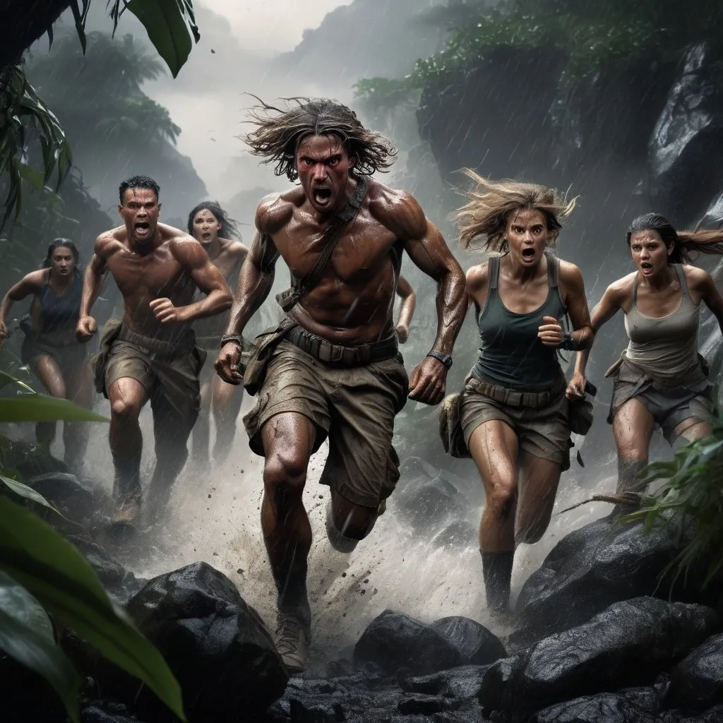 Prompt: A horde of  male and female EXPLORERS, running into battle on rocky terrain, hyper realistic, full body shot, realistic lighting in jungle setting, high quality, lifelike, action-packed, intense, dynamic poses, dramatic lighting, rugged terrain, fierce expressions, very wet messy hair, dim light, storm atmosphere.