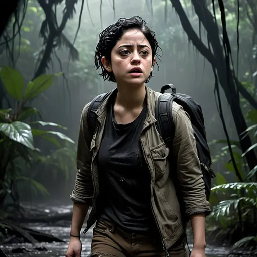 Prompt: Ultra realistic actress Rosa Salazar, wavy short black hair, shaved in the side of her head, black eyes, in torn dirty explorer attire (black shirt, dark brown jacket, black backpack) fighting predator, standing far away in the distance, in jungle, very dark wet messy hair, tanned skin, exposed intimacy, crying look, full body image, , dim light, storm atmosphere, 