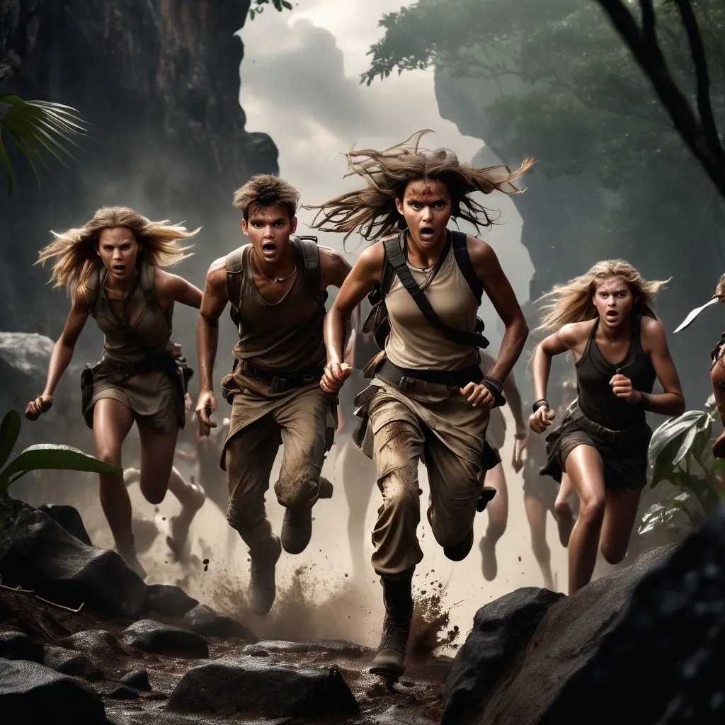 Prompt: A horde of  male and female teenage EXPLORERS, wearing beige, brown and black clothing, a shadow with horns is chasing them, running into battle on rocky terrain, hyper realistic, full body shot, realistic lighting in jungle setting, high quality, lifelike, action-packed, intense, dynamic poses, dramatic lighting, rugged terrain, fierce expressions, very wet messy hair, dim light, storm atmosphere.