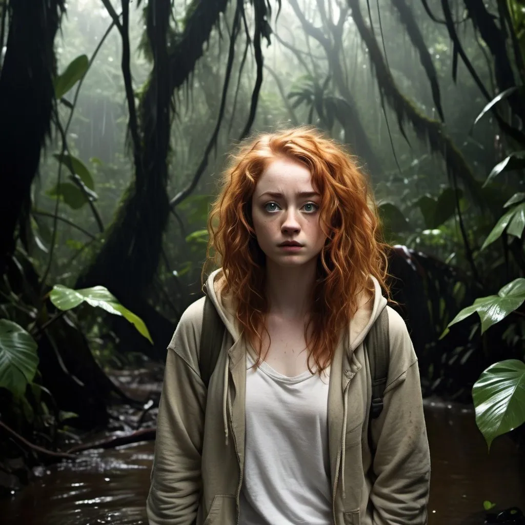 Prompt: Ultra realistic fat Janet Devlin, wavy ginger hair, light green eyes, in torn dirty explorer attire (white shirt, beige hoodie) next to Andrew Garfield, dressed just like her, standing far away in the distance, in jungle, very dark wet messy hair, tanned skin, scared look, full body image, dim light, storm atmosphere 