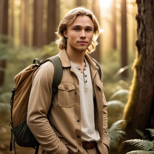 Prompt: william moseley, blonde long hair, grey eyes, he's smiling, standing far away in the distance, dressed as an explorer, beige jacket, white tshirt, backpack, combat boots, earth tones, forest setting, GOLDEN HOUR, high quality, lifelike, dramatic lighting, surreal, full body from a distance, cinematic