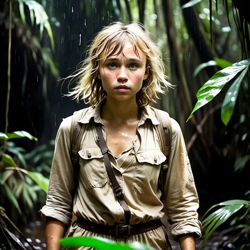 Prompt: Girl who looks like William Moseley dressed as an explorer, beige and light brown clothing, grey eyes, blonde mesy hair with bangs, in torn dirty explorer attire. in jungle, very wet messy hair, tanned skin, scared look, full body image, dim light, storm atmosphere 