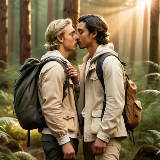 Prompt: william moseley, blonde long hair, grey eyes, standing far away in the distance, dressed as an explorer, beige jacket, white tshirt, backpack, combat boots, he's kissing Dev Patel who's dresed like him, earth tones, forest setting, GOLDEN HOUR, high quality, lifelike, dramatic lighting, surreal, full body from a distance, cinematic