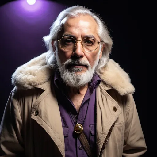 Prompt: actor Pio Marmai, he's wearing golden clear circular glasses, he's 60 years old, white hair, ash long beard, dressed as an explorer, beige fur jacket, lilac tshirt, an amethyst hanging from his neck, in a completely dark and black room against a solid back background, illuminated from an eerie dim light above, ghostly, surreal, full body from a distance, cinematic