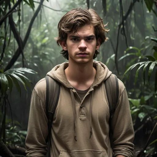 Prompt: Ultra realistic TEENAGE Andrew Garfield, messy brown hair, brown eyes, in torn dirty explorer attire (beige shirt, light brown hoodie). in jungle, very dark wet messy hair, tanned skin, scared look, full body image, dim light, storm atmosphere 