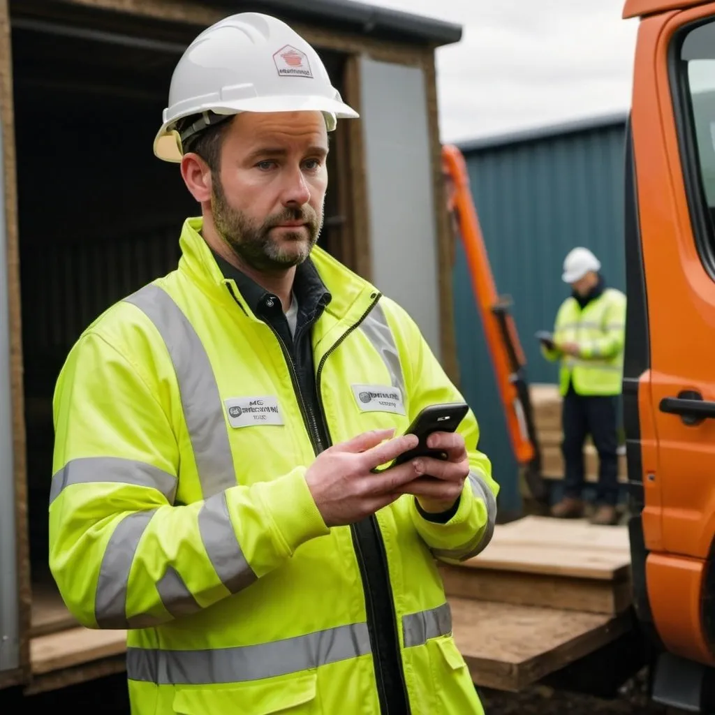 Prompt: Realistic forester wearing high viz getting ready to head out into the field. On their phone. Leaving a building