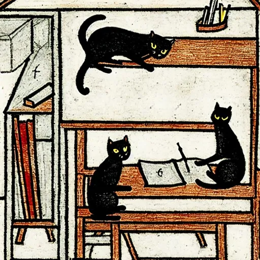 Prompt: A balck and a grey cat writing a manuscript while sitting around a desk in medieval drawing style
