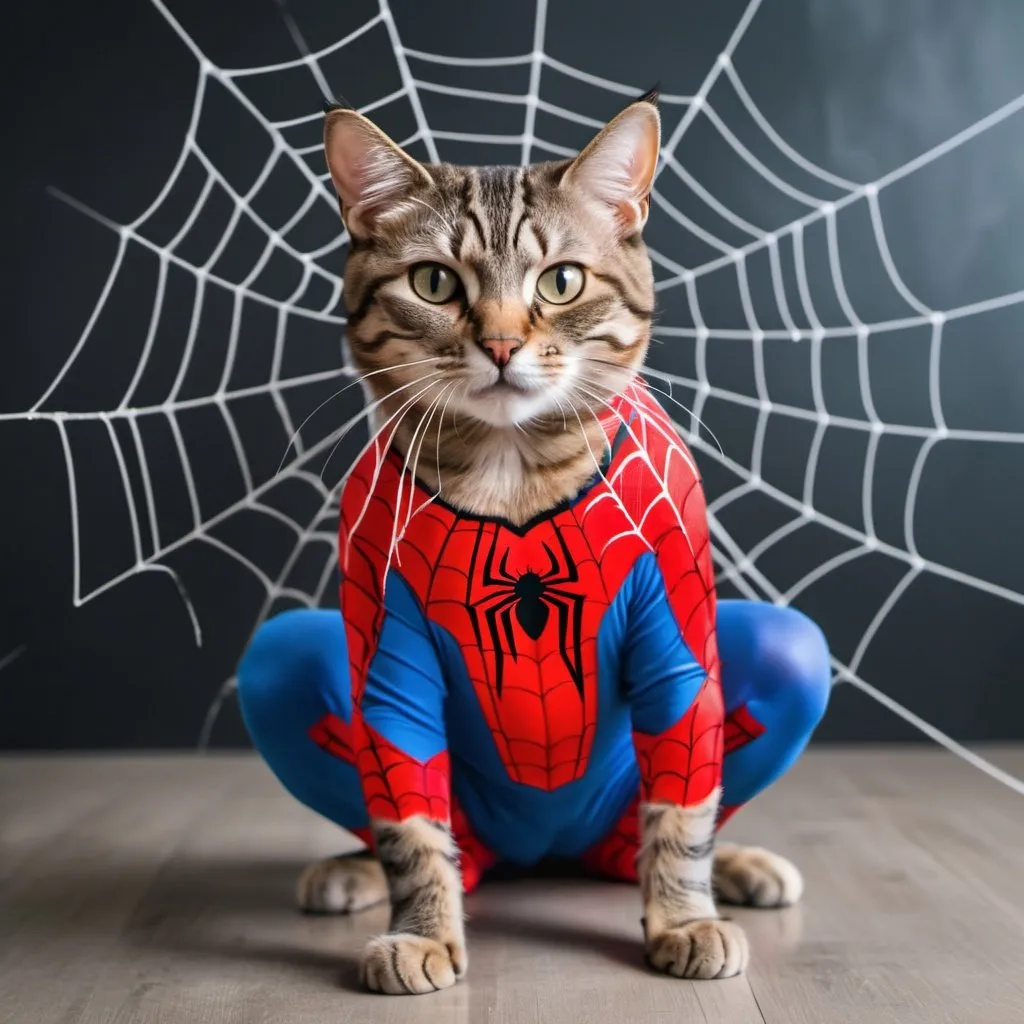 Prompt: playful cat dressed up in Spider-Man costume with web effect props