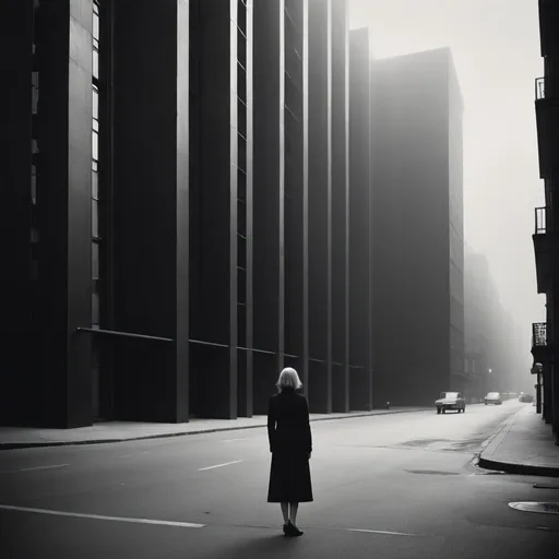 Prompt: photo of a woman standing on the street in front of tall buildingsdramatic in the style of Dirk Braeckman, B&W
