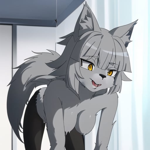 Prompt: Make a meme with a gray furry wolf-girl in the picture
