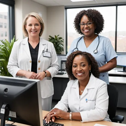 Prompt: an older black healthcare administrative woman manager in office clothing, standing across the desk facing a clinical staff person engaged in using Dash software by Relatient. The clinical staff person is sitting at a desk with a computer monitor in front of them. Place a window and a plant behind them in the office. Both individuals are smiling and pleased with the ease of using the software. The clincial staff person has a phone headset on. 