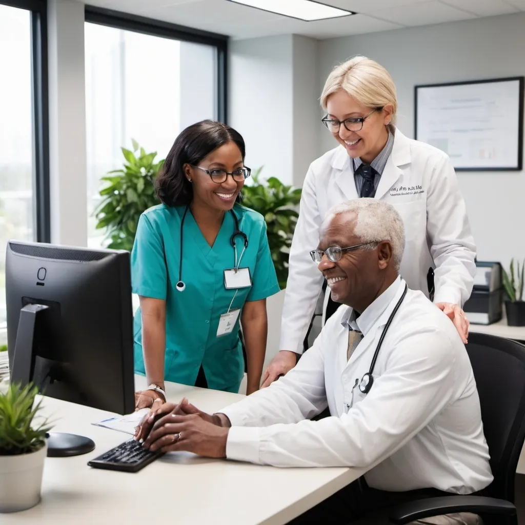 Prompt: an older black healthcare administrative manager in office clothing, standing across the desk facing a clinical staff person engaged in using Oracle Health for patient scheduling. The clinical staff person is sitting at a desk with a computer monitor in front of them. Place a window and a plant behind them in the office. Both individuals are smiling and pleased with the ease of using the software. The clincial staff person has a phone headset on. 