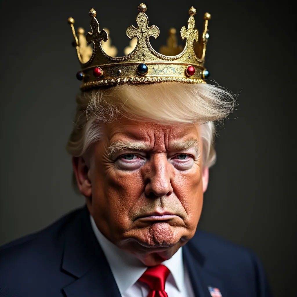 Prompt: Donald trump with a scowl on his face and a tarnished crown on his head 
