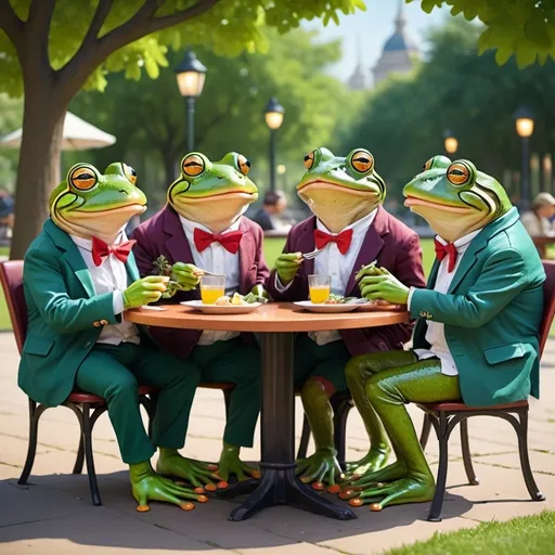 Prompt: Group of 4 frogs in human clothes having lunch in a park, smiling and talking to each other vibrant and lively atmosphere, detailed human-like features, high-quality, cartoon-style, warm tones, humorous expressions, lively restaurant scene, enjoyment and laughter, detailed textures, human-like frogs, professional, vibrant colors, comedic lighting