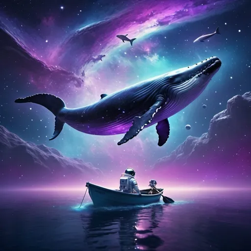 Prompt: An astronaut in a row boat in space with a humpback passing by