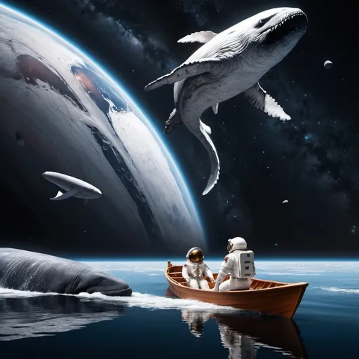 Prompt: An astronaut in a row boat in space with a humpback passing by