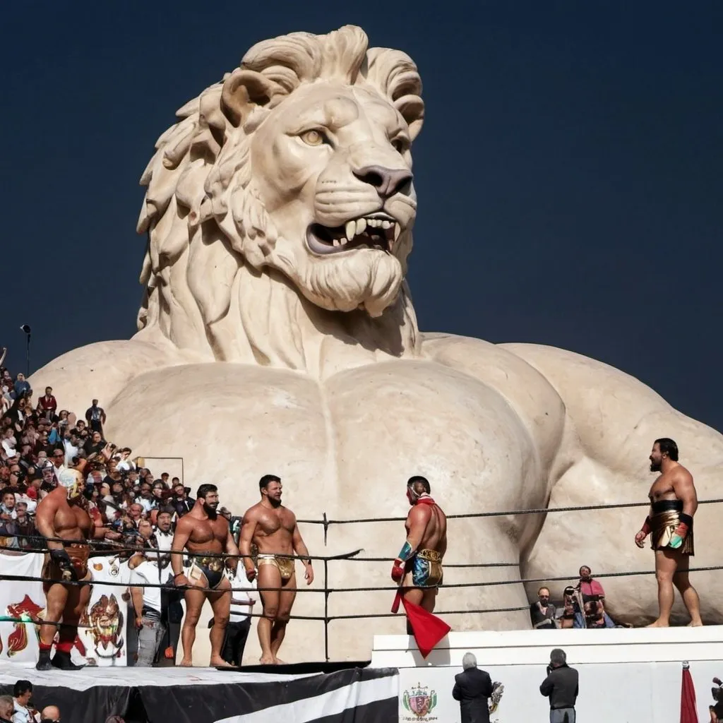 Prompt: la  lucha  en  un  anfiteatro  romano  en  presencia  de  publico  y presencia  del  cesar en  la  tribuna de    luchadores  con     leones de  verdad