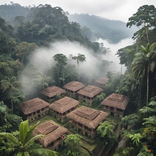 Prompt: ilustrame   la  ciudad  perdida rodeada  de  niebla con  muchos  edificios  en  la  jungla