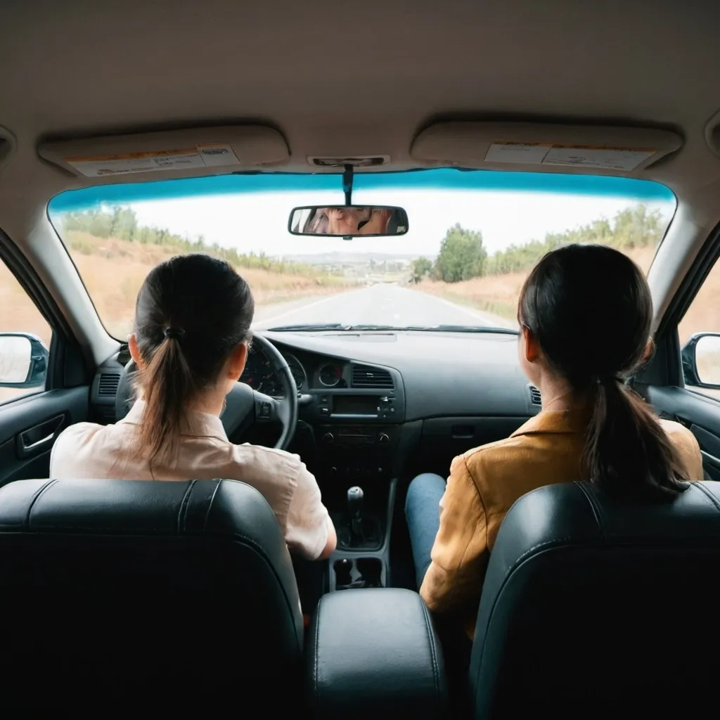 Prompt: Two persons in a car. One person is driving a car. The other person is sitting behind the driver 