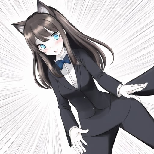 Prompt: brunette blue eyed tuxedo cat girl