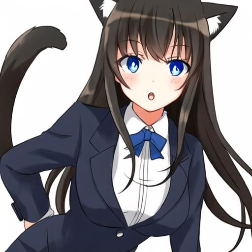 Prompt: brunette blue eyed tuxedo cat girl