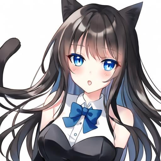 Prompt: brunette blue eyed tuxedo cat girl