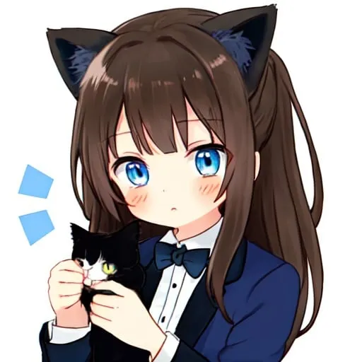 Prompt: brunette blue eyed tuxedo cat girl