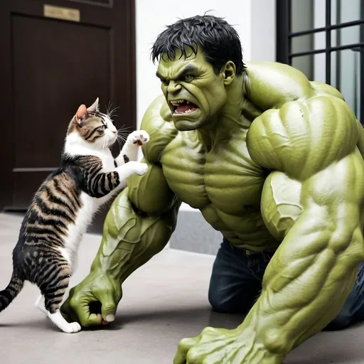 Prompt: hulk fight with a cat