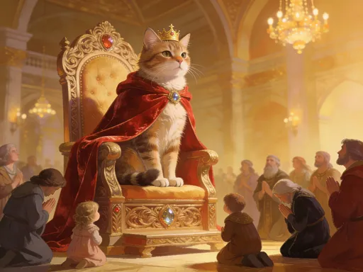 Prompt: A cat that is worshiped and obeyed by all humans and sits on a throne with a crown on its head and a cape.
