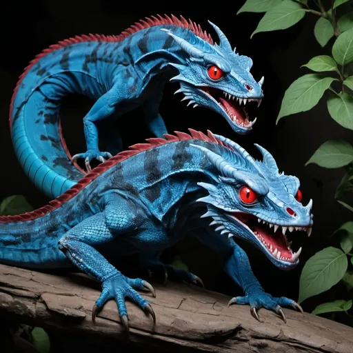 Prompt: a blue basilisk 
 with the face  with red eyes and fangs, and another basilisk in its tail
