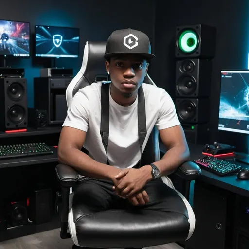 Prompt: Black man wear black cap and white shirt sits on a black leather gaming chair in his techno room