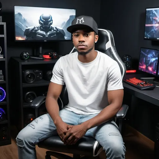 Prompt: Black man wear black cap and white shirt sits on a black leather gaming chair in his techno room