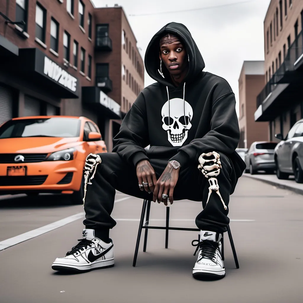 Prompt: A stylish Black man wearing Travis Scott Nike low dunks and a hoodie, with a skeleton head. The scene is urban and edgy, reflecting streetwear culture with a cool, bold vibe. The image is captioned ‘my steeze is my lil fantasy,’ emphasizing individuality, fashion, and a unique personal style, blending street culture with surreal elements