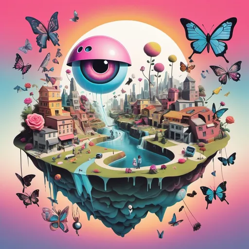 Prompt: An experimental art piece with a mishmash of art styles, captioned “Street Steeze” incorporated into the artwork. There's a surreal landscape with floating
islands, a giant eye, and a giant hand. There's also a robot with a smiley face, butterflies , roses, a dinosaur with a top hat, and a unicorn. The background is a gradient of pink and purple clouds.