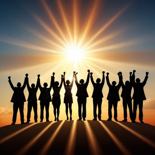 Prompt: (inspirational quote "Leadership is the ability to achieve extraordinary results from ordinary people."), (symbolic visual representation), strong light blaring behind a diverse group of ordinary individuals, radiant achievement aura surrounding them, uplifting atmosphere, dramatic contrasts of shadows and light, serene background depicting a rising sun, hope and potential, ultra-detailed, 4K quality.