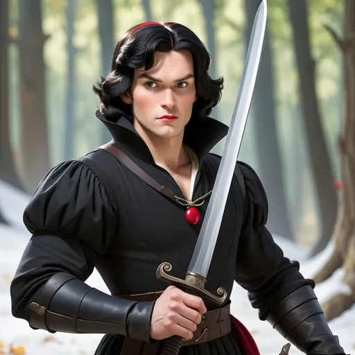 Prompt: Snow White as a man, very handsome, dressed in black, wielding a sword