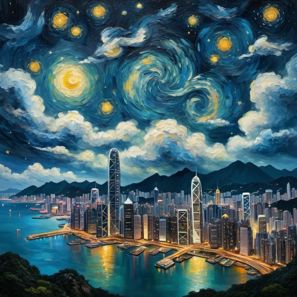 Prompt: Hong Kong Skyline Hong Kong Skyline Starry Sky Oil Painting Surrealism Van Gogh Style Fantasy Starry Sky Rotating Clouds
