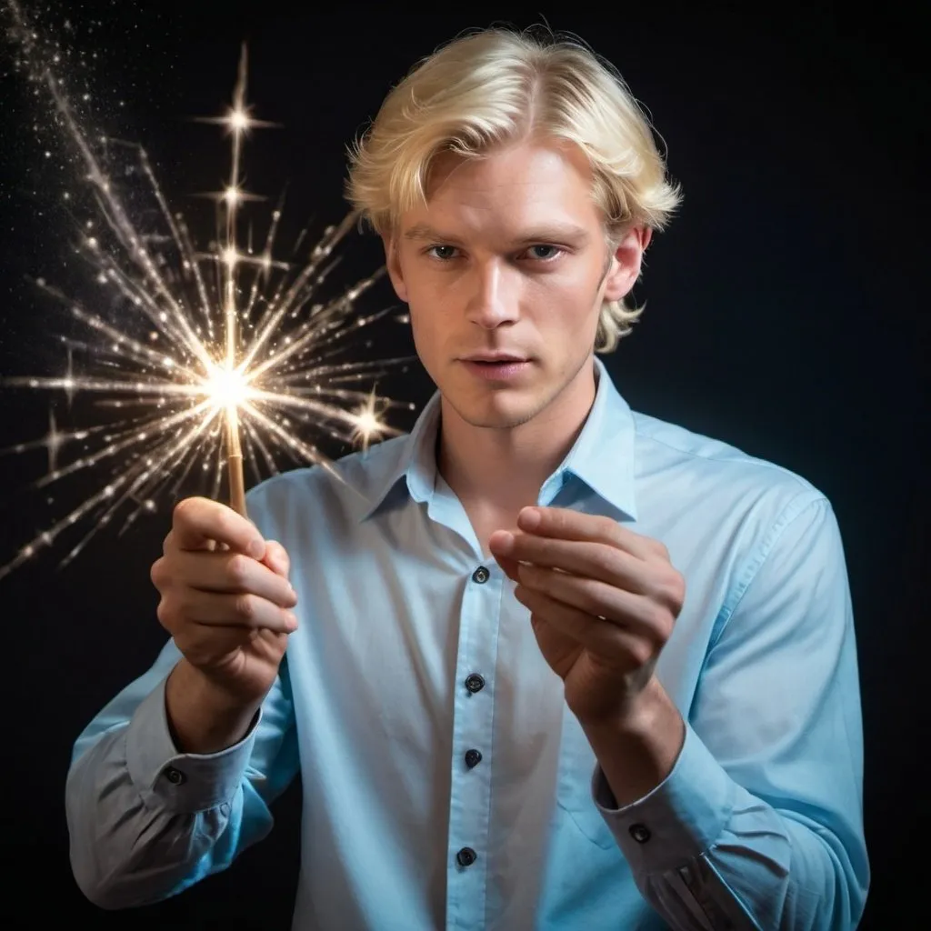 Prompt: Blond man in a collared shirt casting a sparkly spell with his magic wand