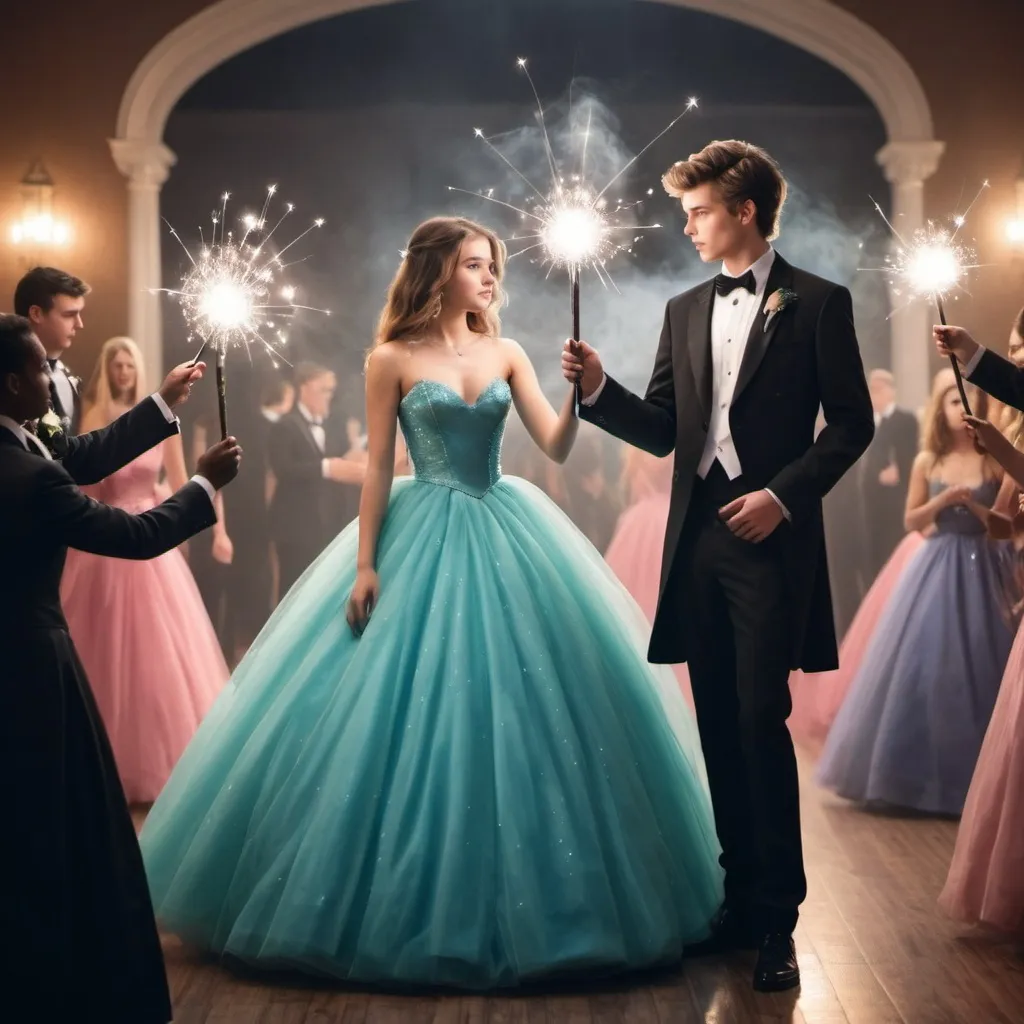 Prompt: Girl and her boyfriend ariveing at prom. He is in a tuxedo and she’s in a poofy ball gown. They are casting spells with their magic wands