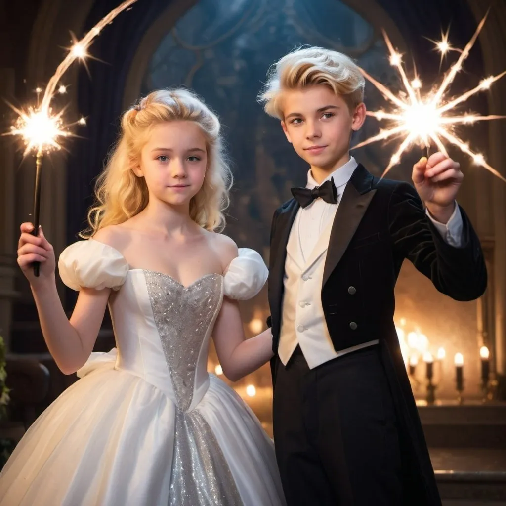 Prompt: Blonde 14 year old girl in a poofy ball gown holding her magic wand and a blond 14 year old boy in a tuxedo holding his magic wand. The boys face lights up as he’s waveing his wand and casting a spell