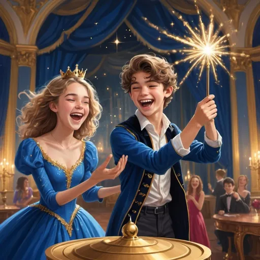 Prompt: Very handsome teenage boy in a collared shirt in a ball room waves and casts a gold sparkly magical spell with his magic wand while laughing and smiling in a silly evil way. His girlfriend in a very poofy royal blue ball gown also is holding her magic wand but isn’t using it at the moment. She is laughing as well