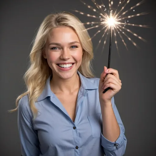 Prompt: Beautiful blond woman in a collared shirt with a big smile on her face as she holds and waves her magic wand