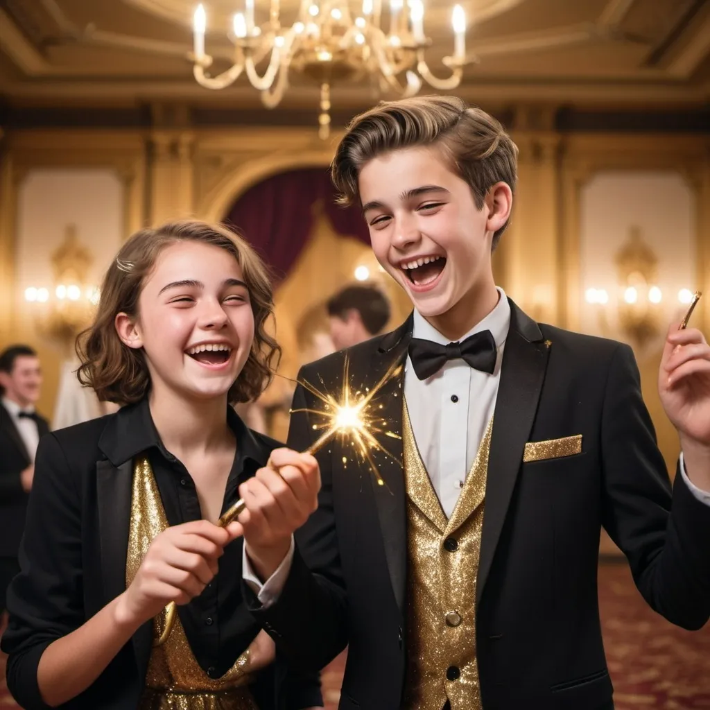 Prompt: Very handsome teenage boy in a tuxedo in a ball room waves and casts a gold sparkly magical spell with his magic wand while laughing and smiling in a silly evil way. His girlfriend is in a collared shirt also and is holding her magic wand but isn’t using it at the moment. She is laughing as well. The couple are next to each other 