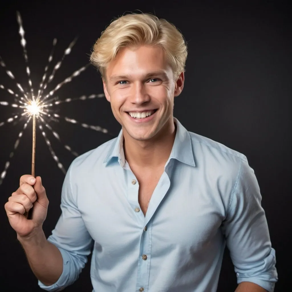 Prompt: Handsome blond man in a collared shirt with a big smile on his face as he holds and waves his magic wand