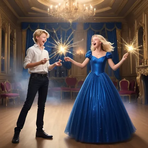 Prompt: Very handsome blond teenage boy in a collared shirt in a ball room waves and casts a gold sparkly magical spell with his magic wand while laughing and smiling in a silly evil way. His girlfriend in a very poofy royal blue ball gown also is holding her magic wand but isn’t using it at the moment. She is laughing as well